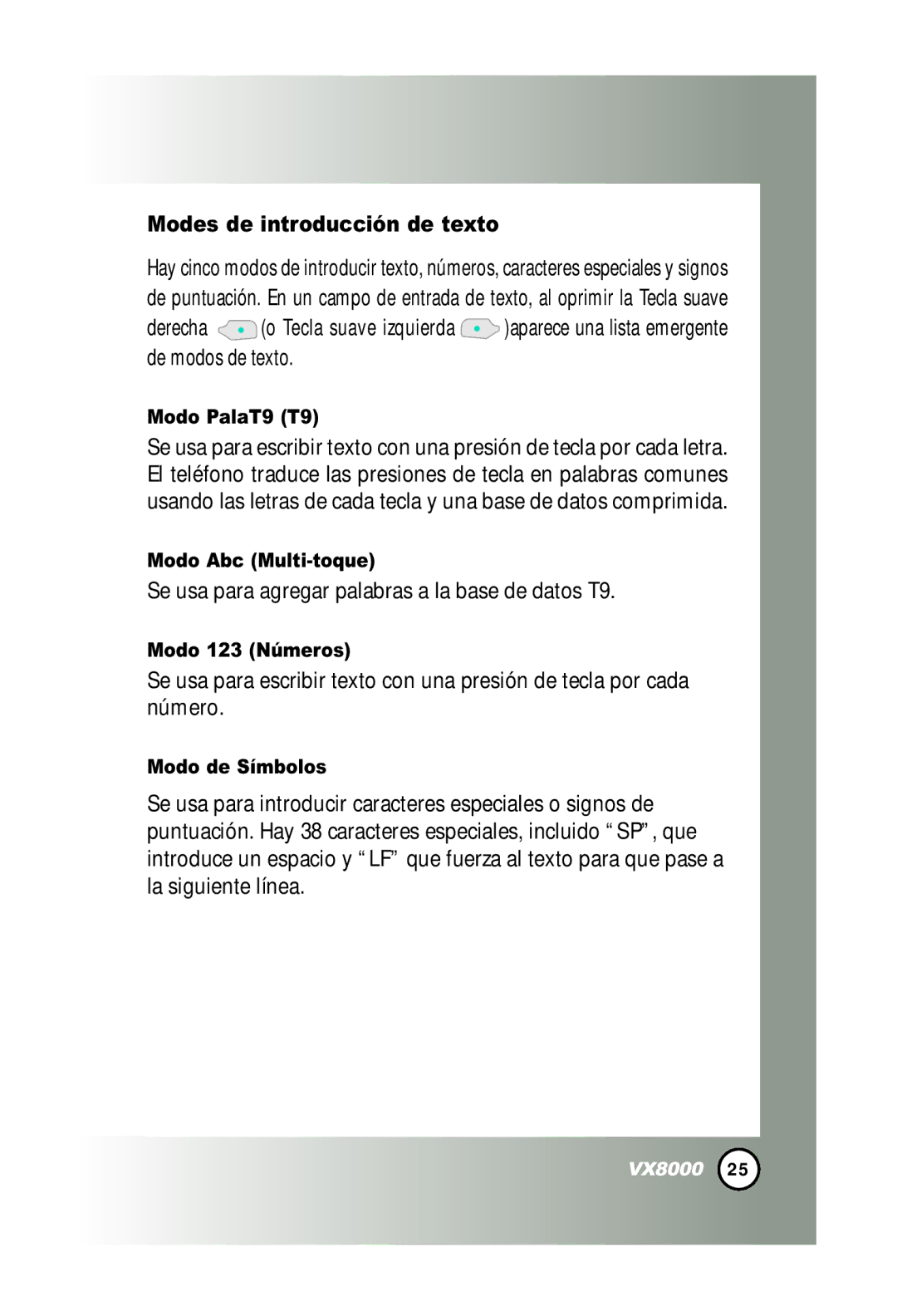 LG Electronics VX8000 manual Modes de introducción de texto, Se usa para agregar palabras a la base de datos T9 