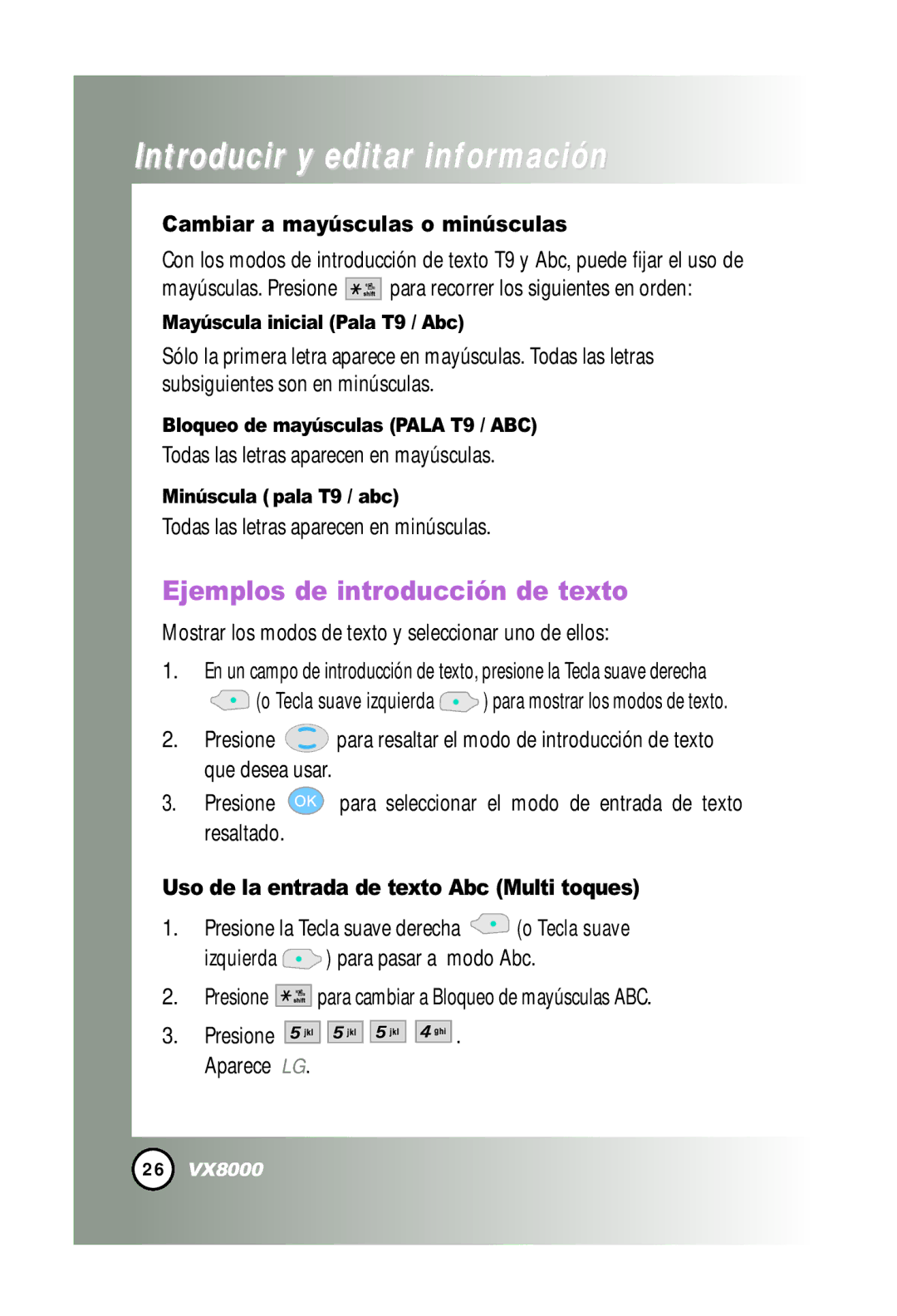 LG Electronics VX8000 manual Ejemplos de introducción de texto, Cambiar a mayúsculas o minúsculas 