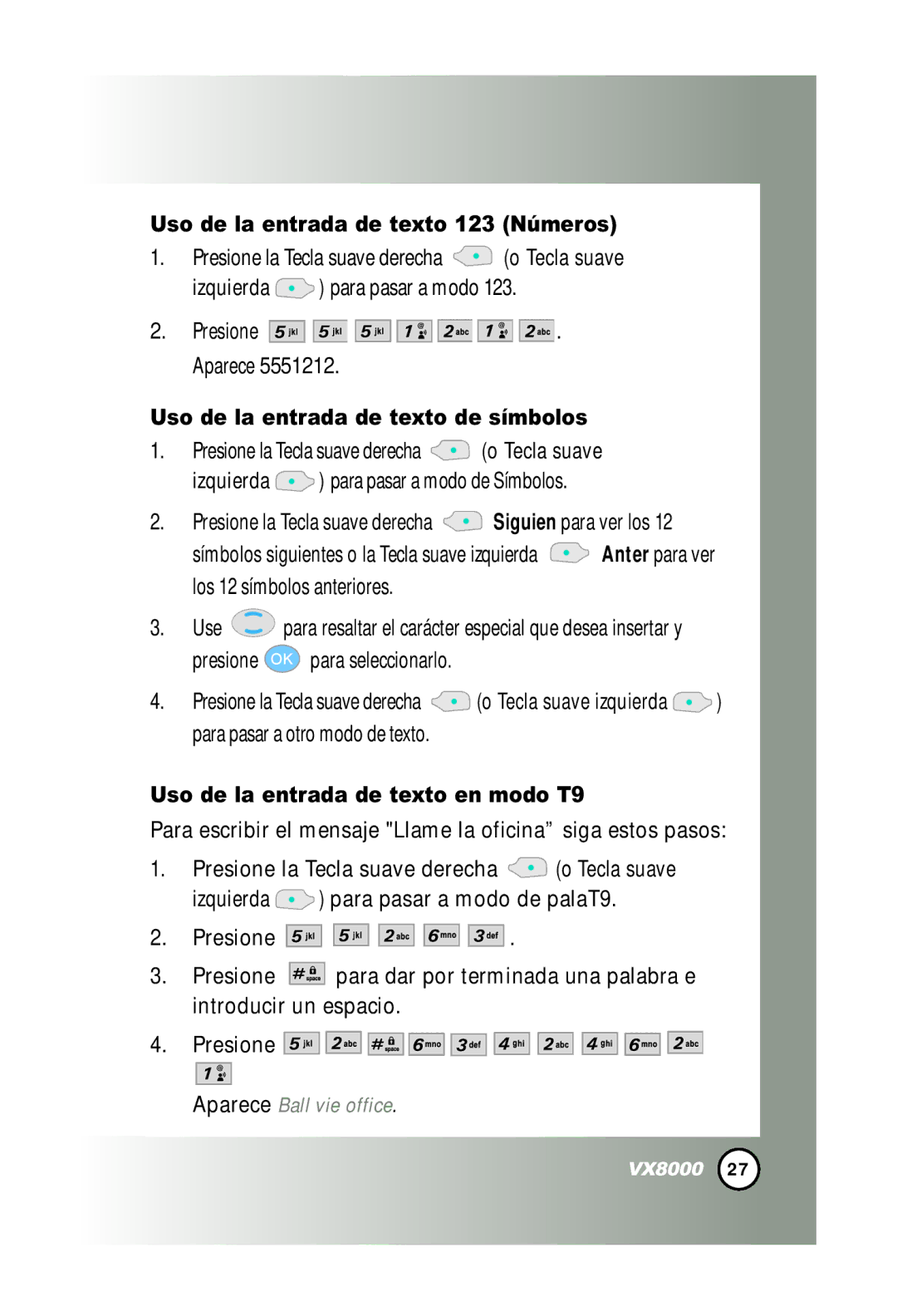 LG Electronics VX8000 manual Uso de la entrada de texto 123 Números, Uso de la entrada de texto de símbolos 