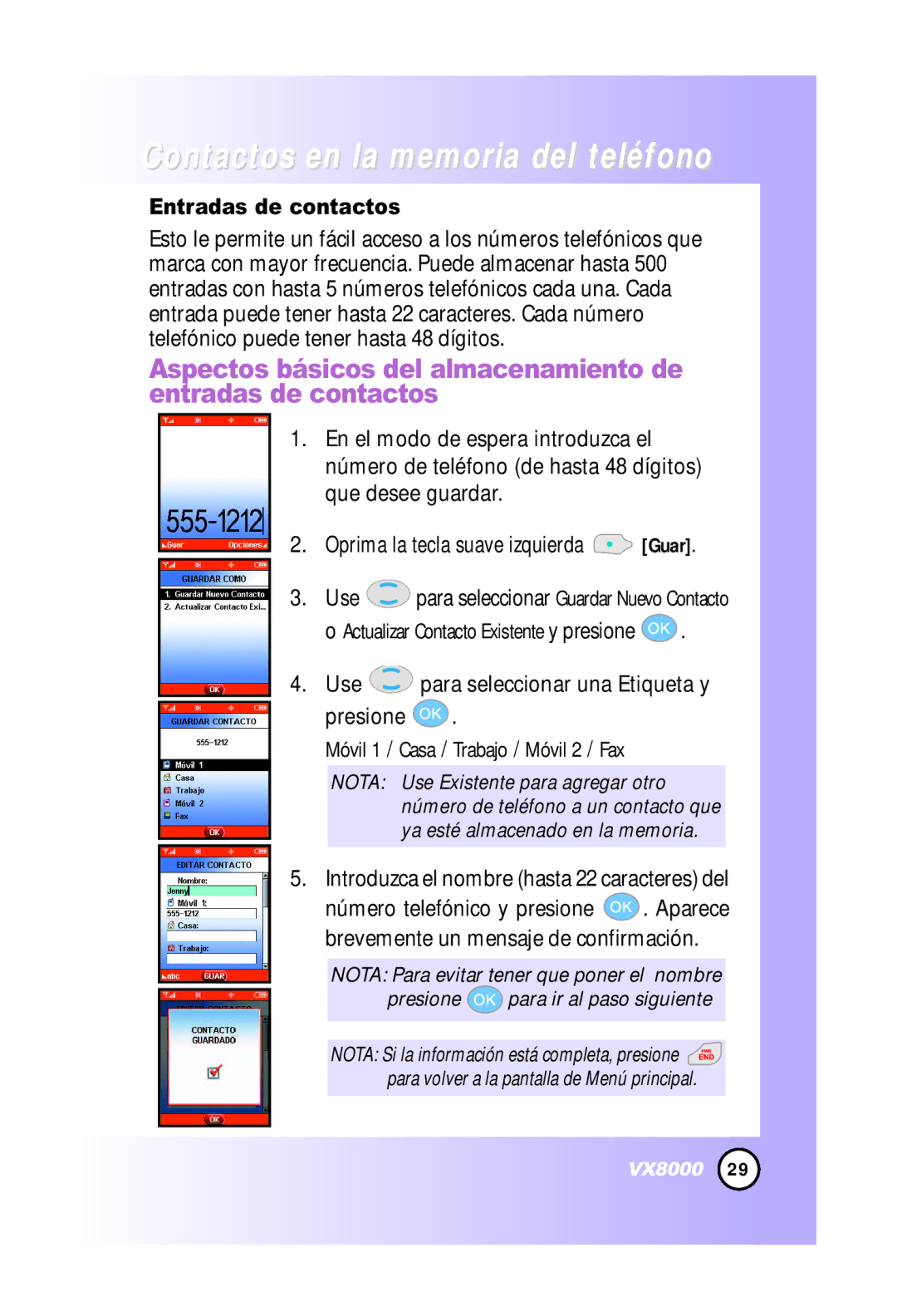 LG Electronics VX8000 manual Contactos en la memoria del teléfono, Entradas de contactos 