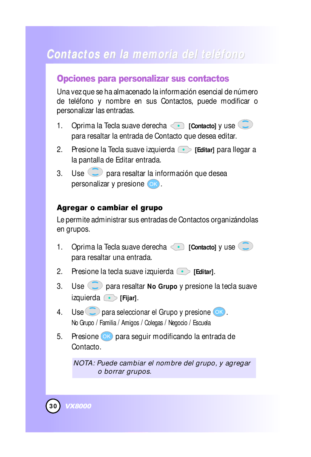 LG Electronics VX8000 manual Opciones para personalizar sus contactos, Agregar o cambiar el grupo 