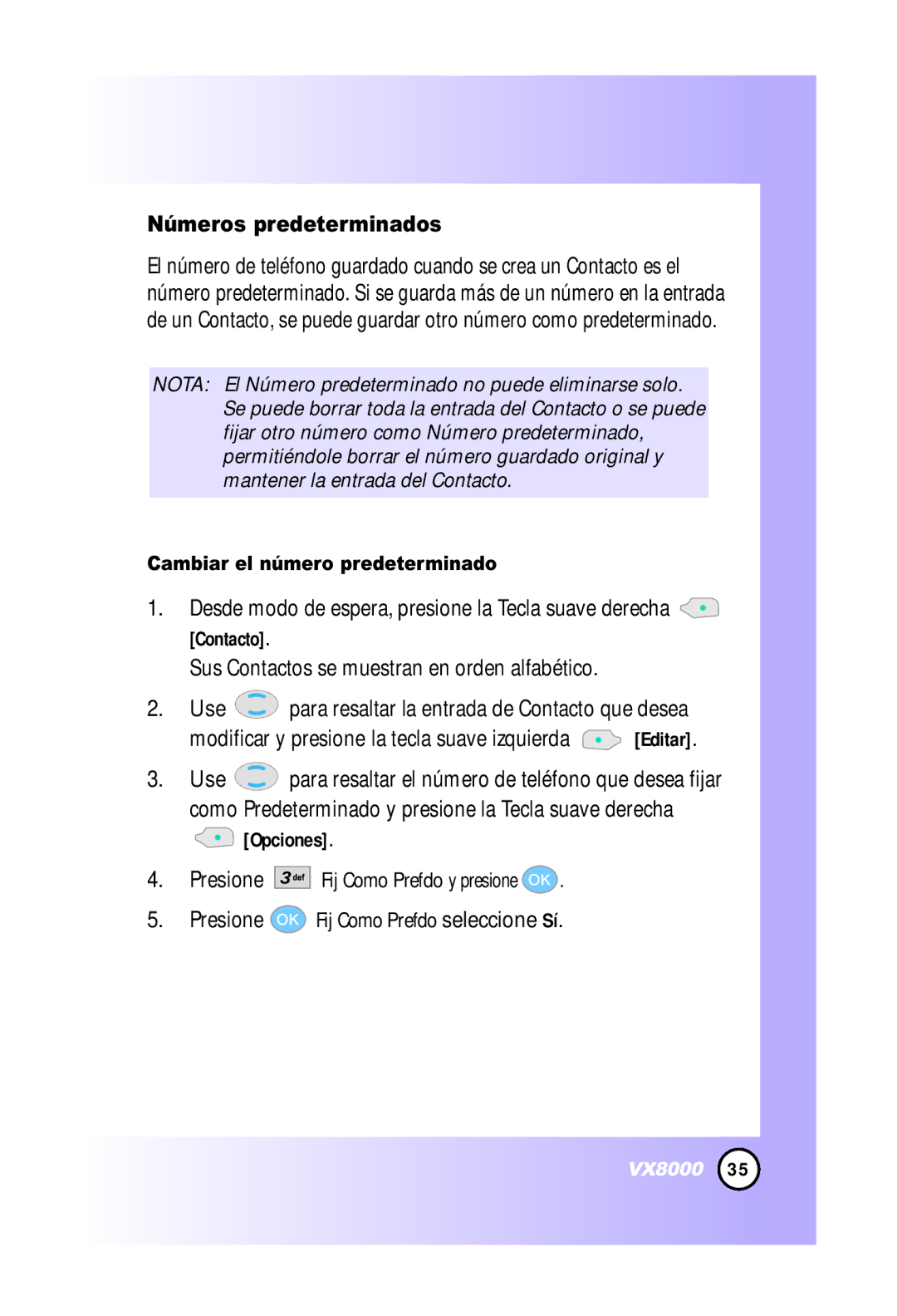 LG Electronics VX8000 manual Números predeterminados, Cambiar el número predeterminado 