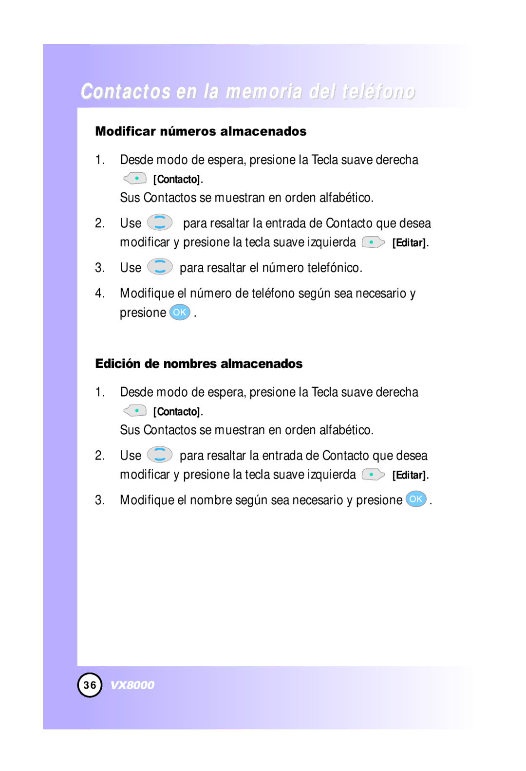LG Electronics VX8000 manual Modificar números almacenados, Edición de nombres almacenados 