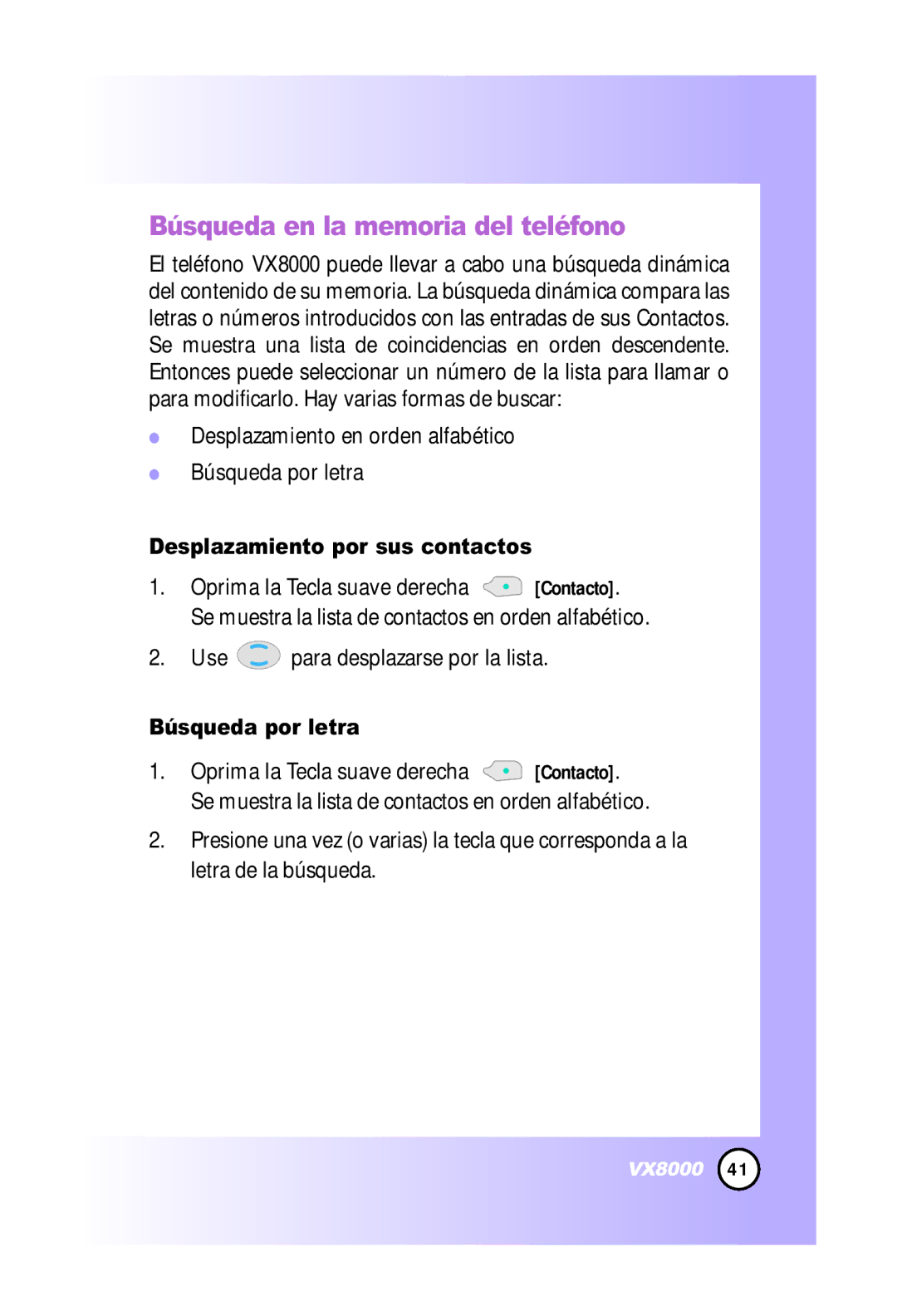 LG Electronics VX8000 manual Búsqueda en la memoria del teléfono, Desplazamiento en orden alfabético Búsqueda por letra 