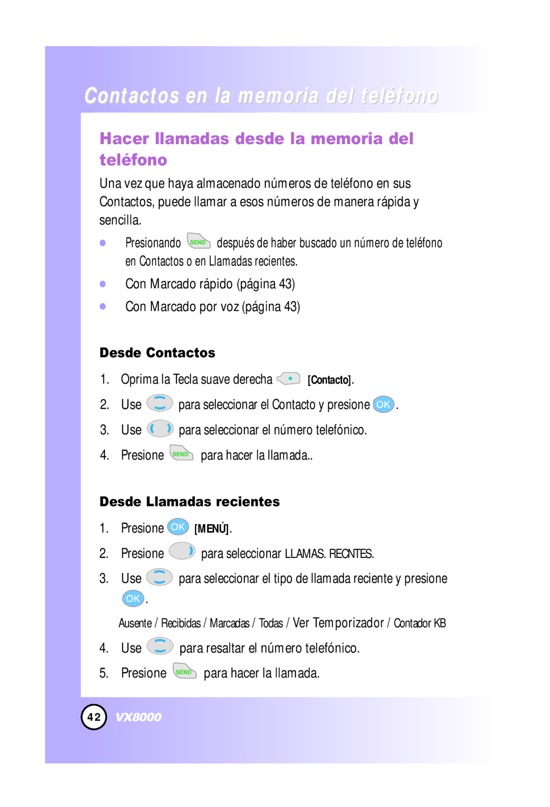 LG Electronics VX8000 Hacer llamadas desde la memoria del teléfono, Con Marcado rápido página Con Marcado por voz página 