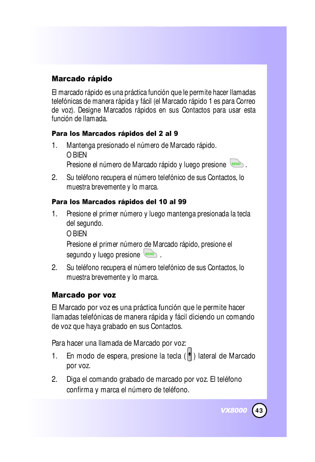 LG Electronics VX8000 manual Mantenga presionado el número de Marcado rápido, Marcado por voz 