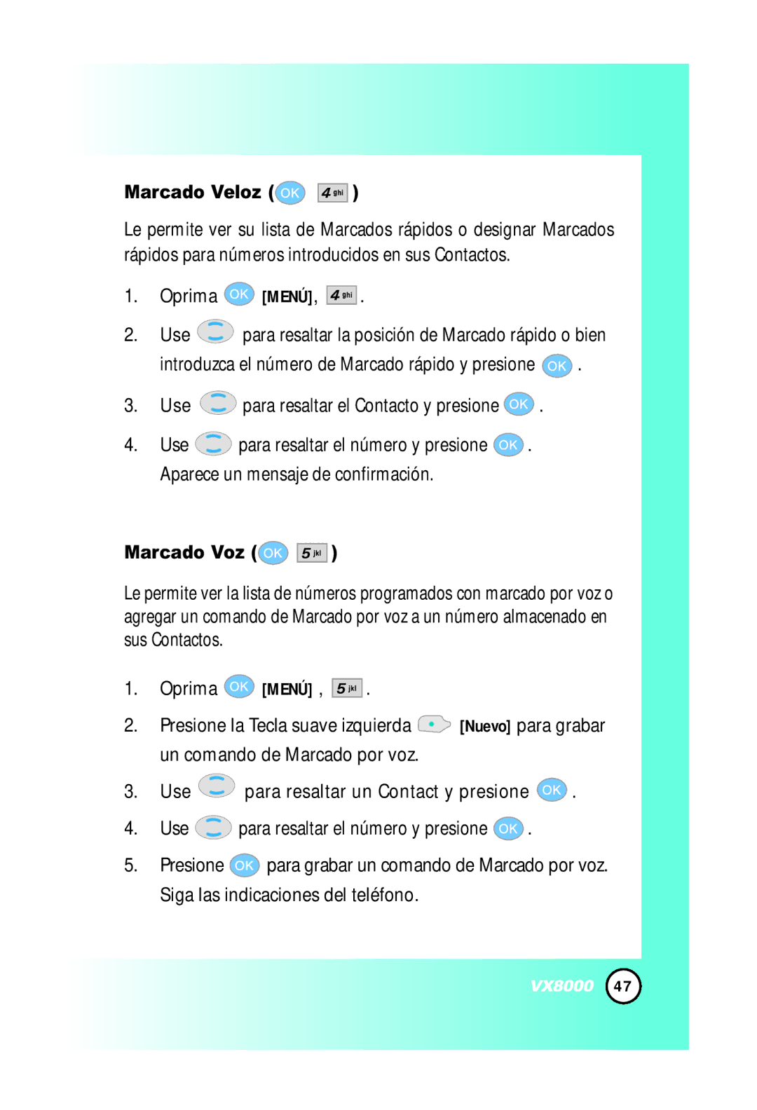 LG Electronics VX8000 manual Marcado Veloz, Marcado Voz 