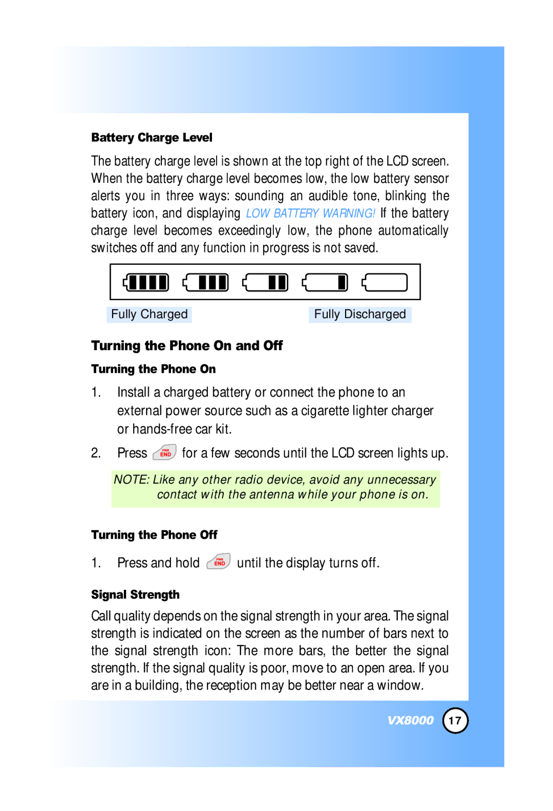 LG Electronics VX8000 manual Turning the Phone On and Off, Press and hold until the display turns off 