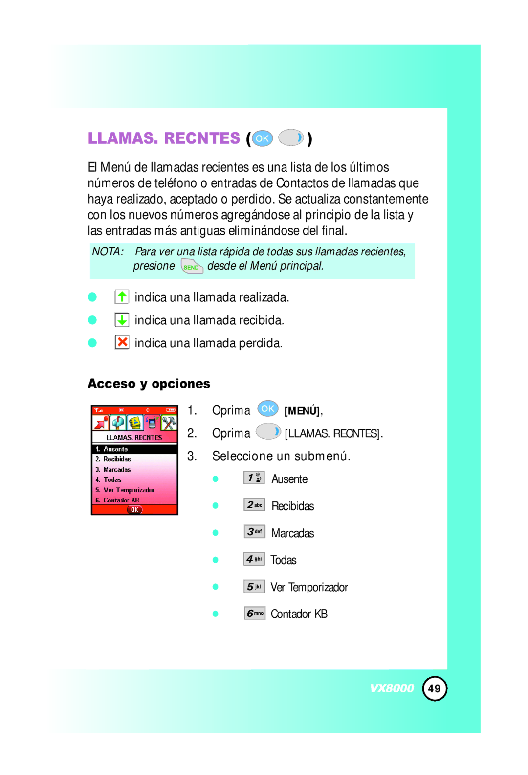 LG Electronics VX8000 manual LLAMAS. Recntes, Acceso y opciones 