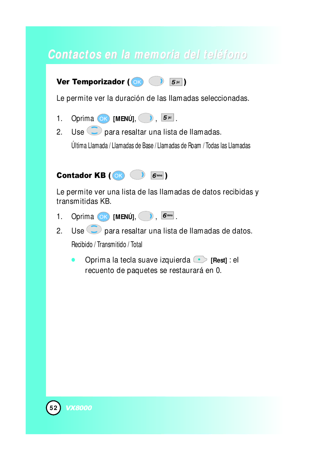 LG Electronics VX8000 manual Ver Temporizador, Contador KB 