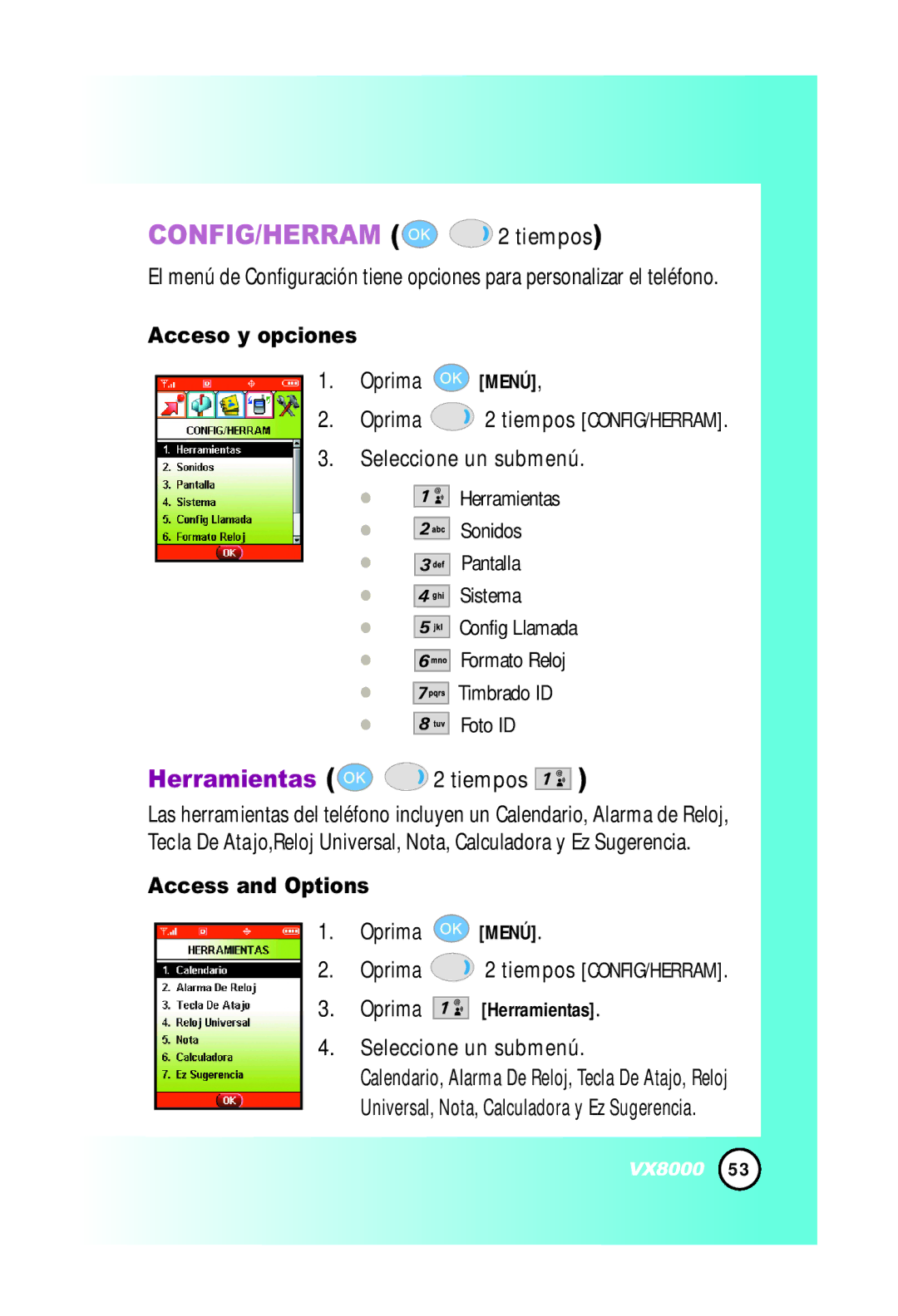 LG Electronics VX8000 manual CONFIG/HERRAM 2 tiempos, Oprima Menú Oprima 2 tiempos CONFIG/HERRAM 
