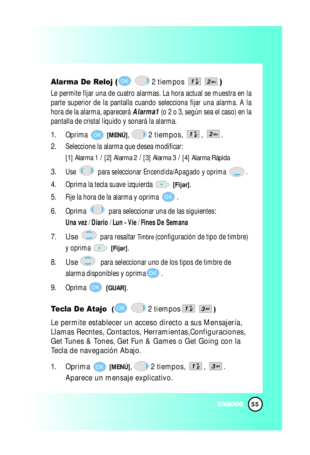 LG Electronics VX8000 manual Alarma De Reloj 2 tiempos, Tecla De Atajo 2 tiempos 