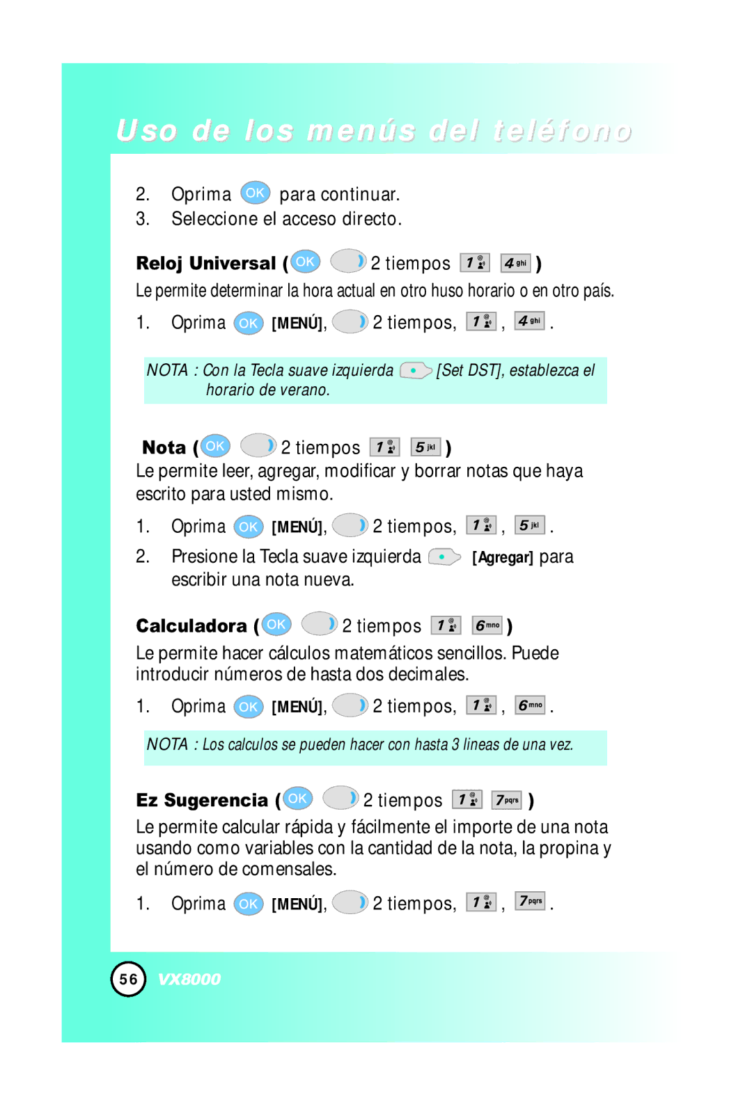LG Electronics VX8000 manual Reloj Universal Tiempos, Nota Tiempos, Calculadora 2 tiempos, Ez Sugerencia 2 tiempos 