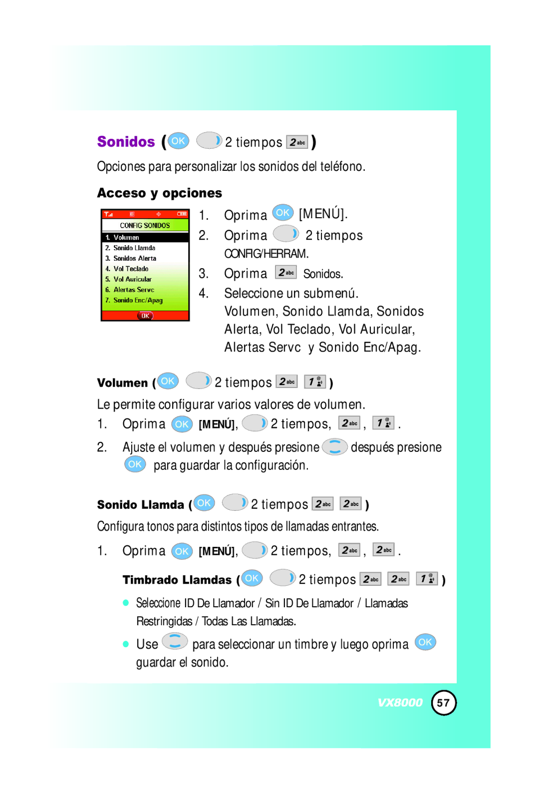 LG Electronics VX8000 manual Opciones para personalizar los sonidos del teléfono, Oprima Menú Oprima 2 tiempos, Volumen 