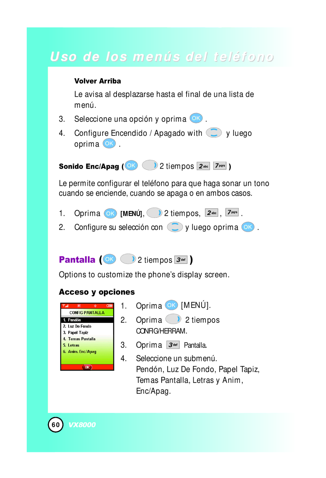 LG Electronics VX8000 manual Volver Arriba, Sonido Enc/Apag 2 tiempos 