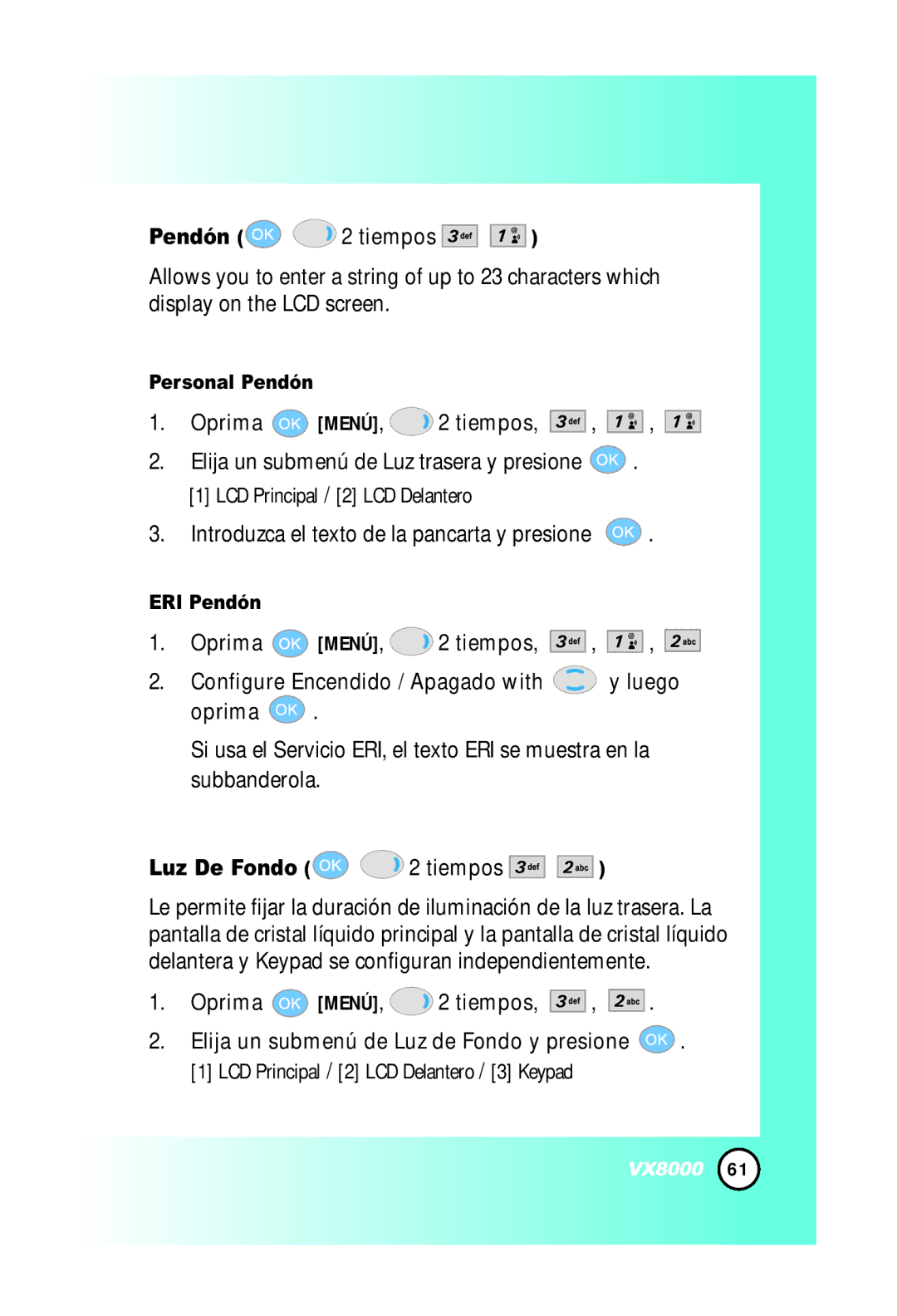 LG Electronics VX8000 manual Luz De Fondo 2 tiempos, Personal Pendón, ERI Pendón 