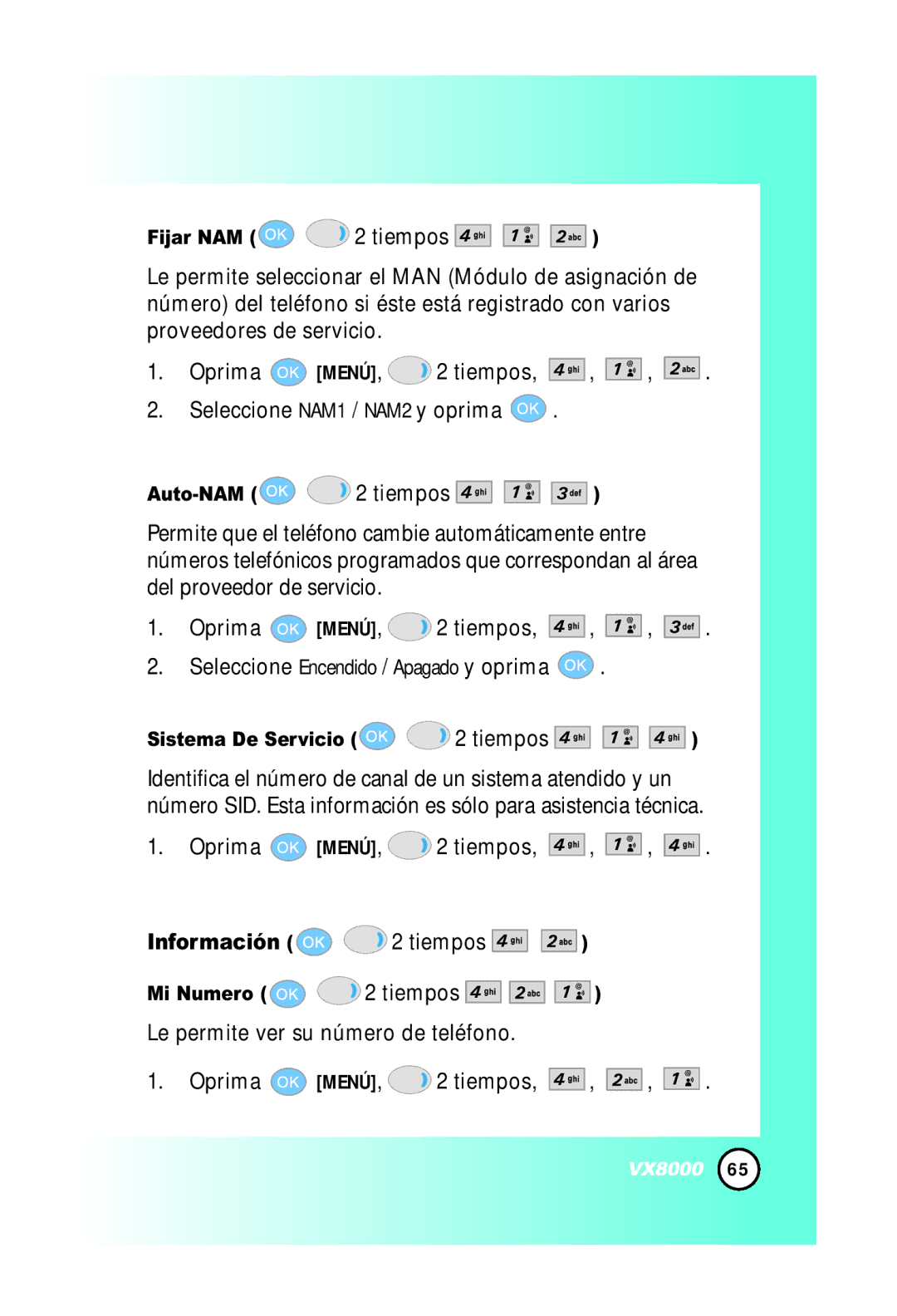 LG Electronics VX8000 manual Información 2 tiempos, Le permite ver su número de teléfono Oprima MENÚ, 2 tiempos 