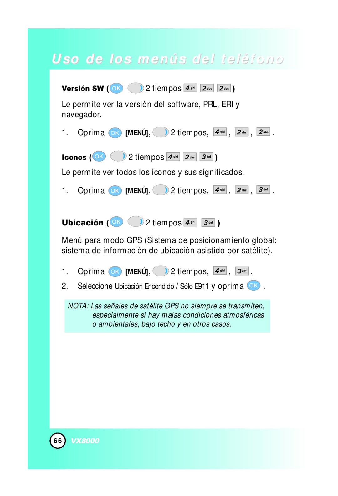 LG Electronics VX8000 manual Ubicación 2 tiempos, Versión SW 2 tiempos 