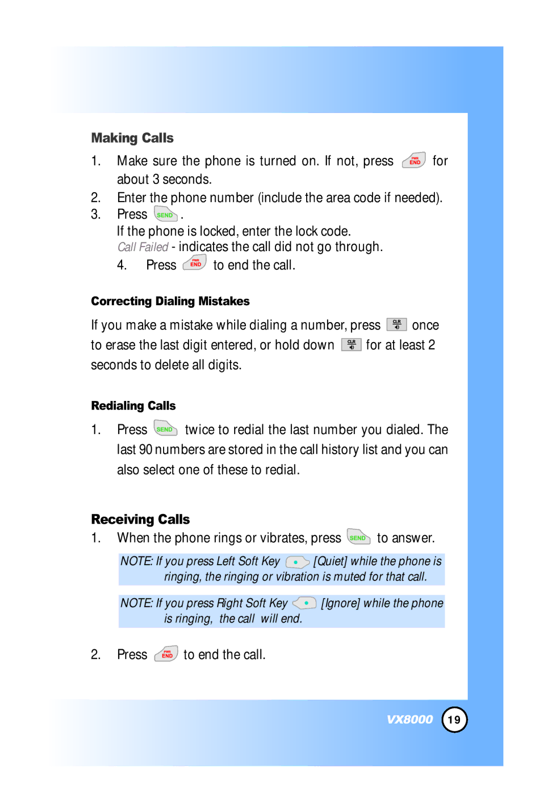 LG Electronics VX8000 manual Receiving Calls, Correcting Dialing Mistakes, Redialing Calls 