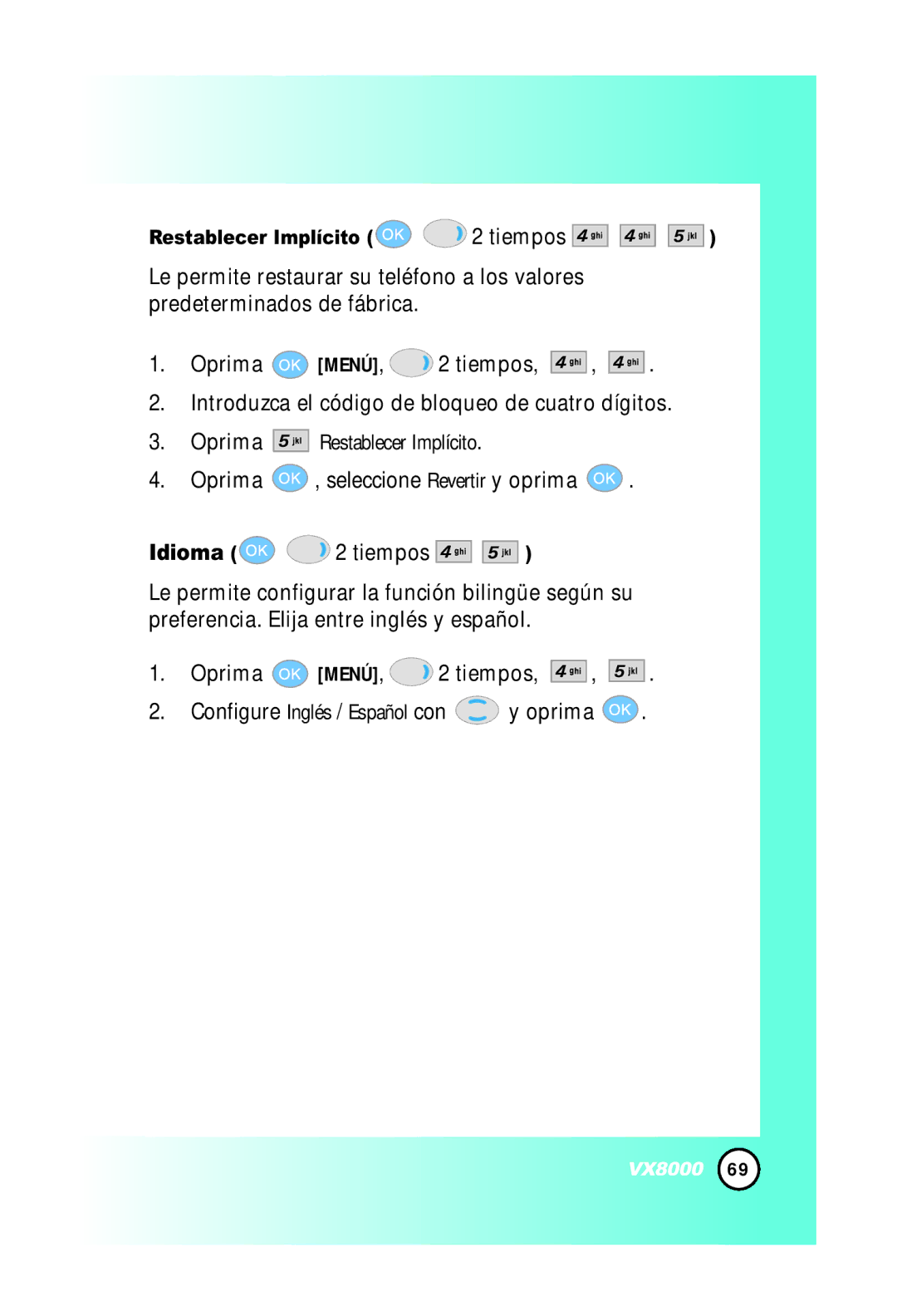 LG Electronics VX8000 manual Restablecer Implícito 2 tiempos 
