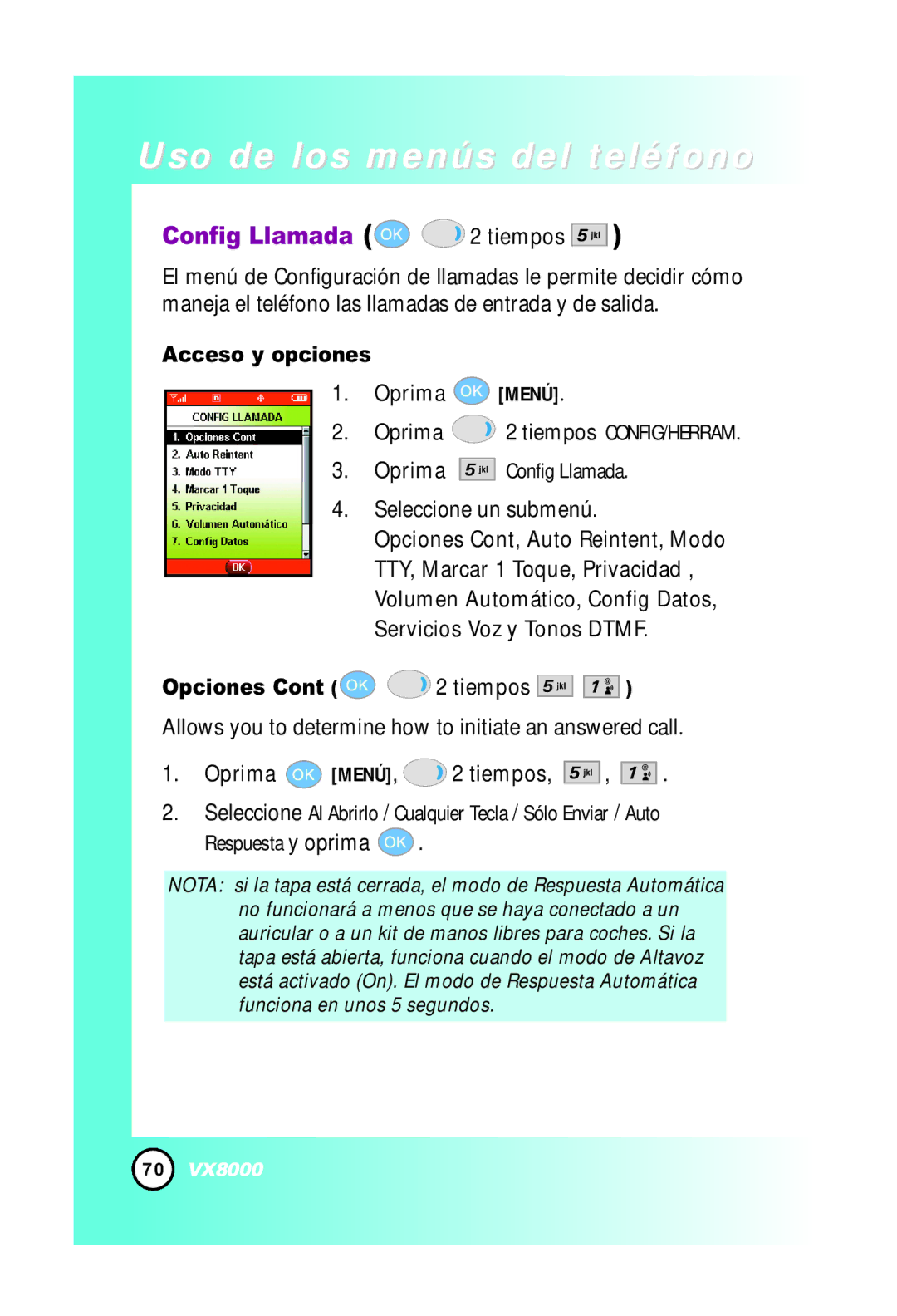 LG Electronics VX8000 manual Config Llamada 2 tiempos, Opciones Cont 2 tiempos 