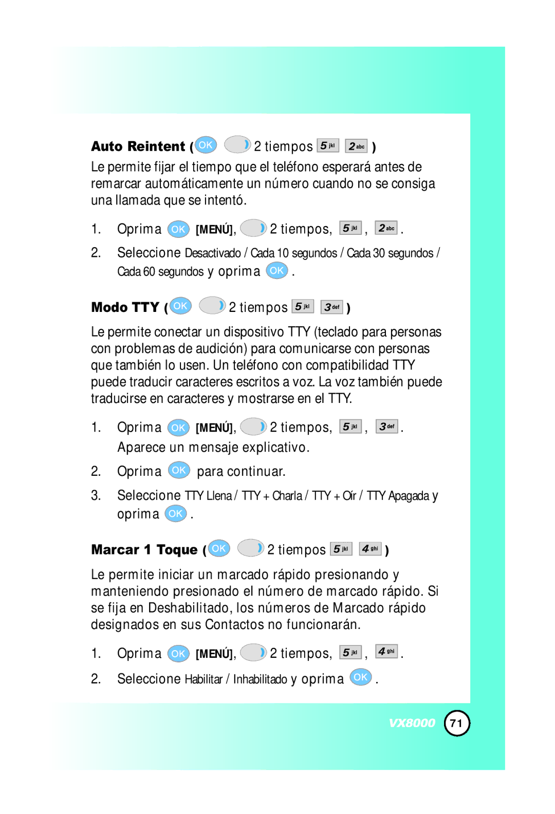 LG Electronics VX8000 manual Auto Reintent 2 tiempos, Marcar 1 Toque 2 tiempos 