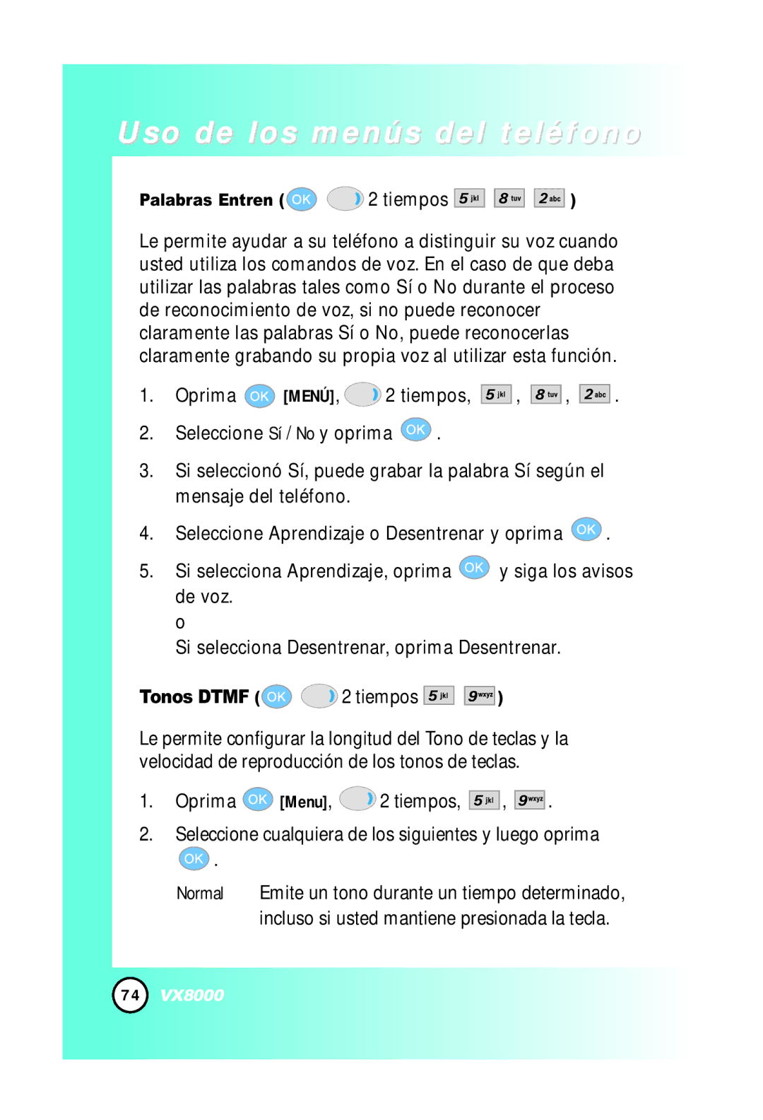 LG Electronics VX8000 manual Tonos Dtmf 2 tiempos, Palabras Entren 2 tiempos 