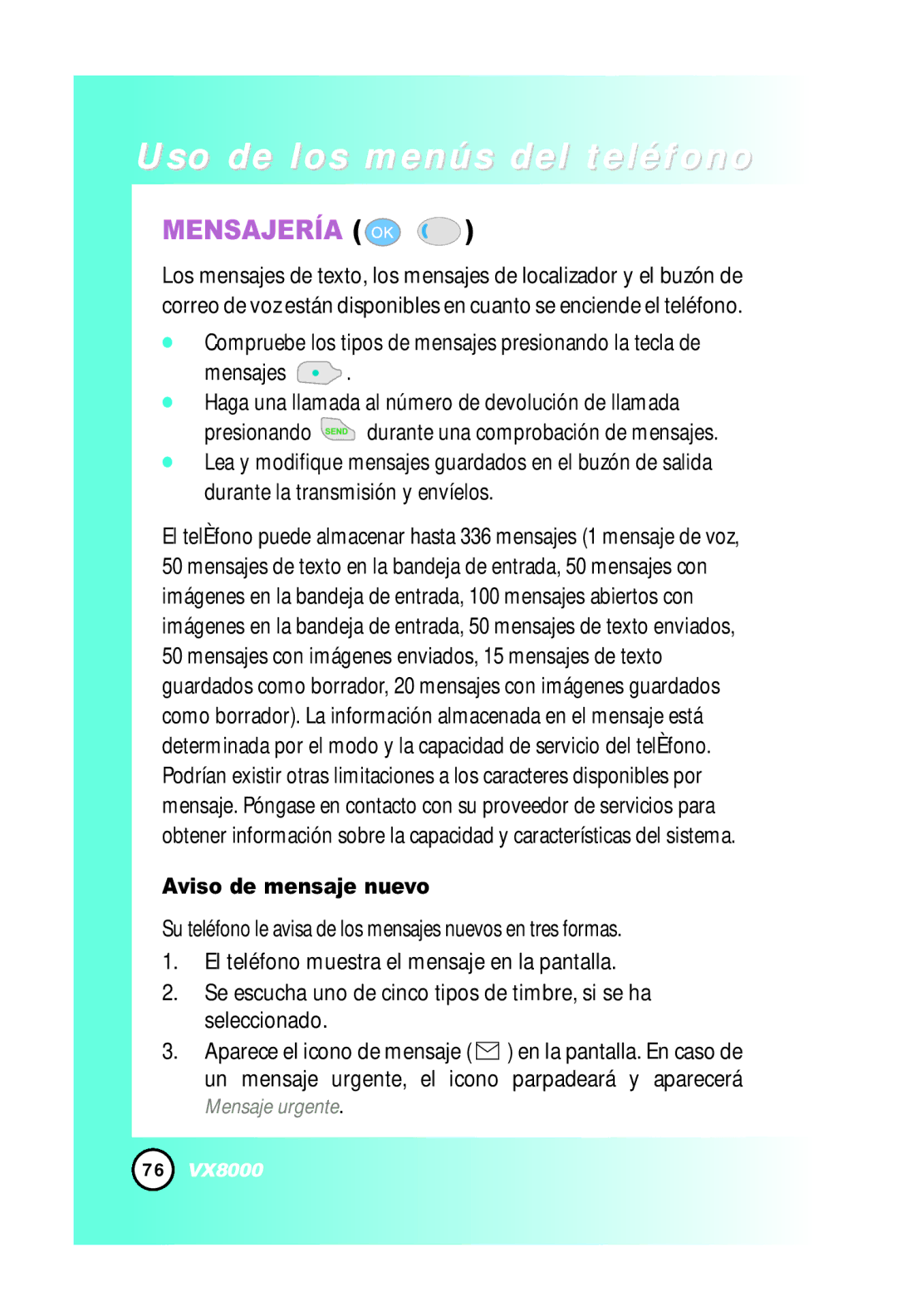 LG Electronics VX8000 manual Mensajería, Aviso de mensaje nuevo 