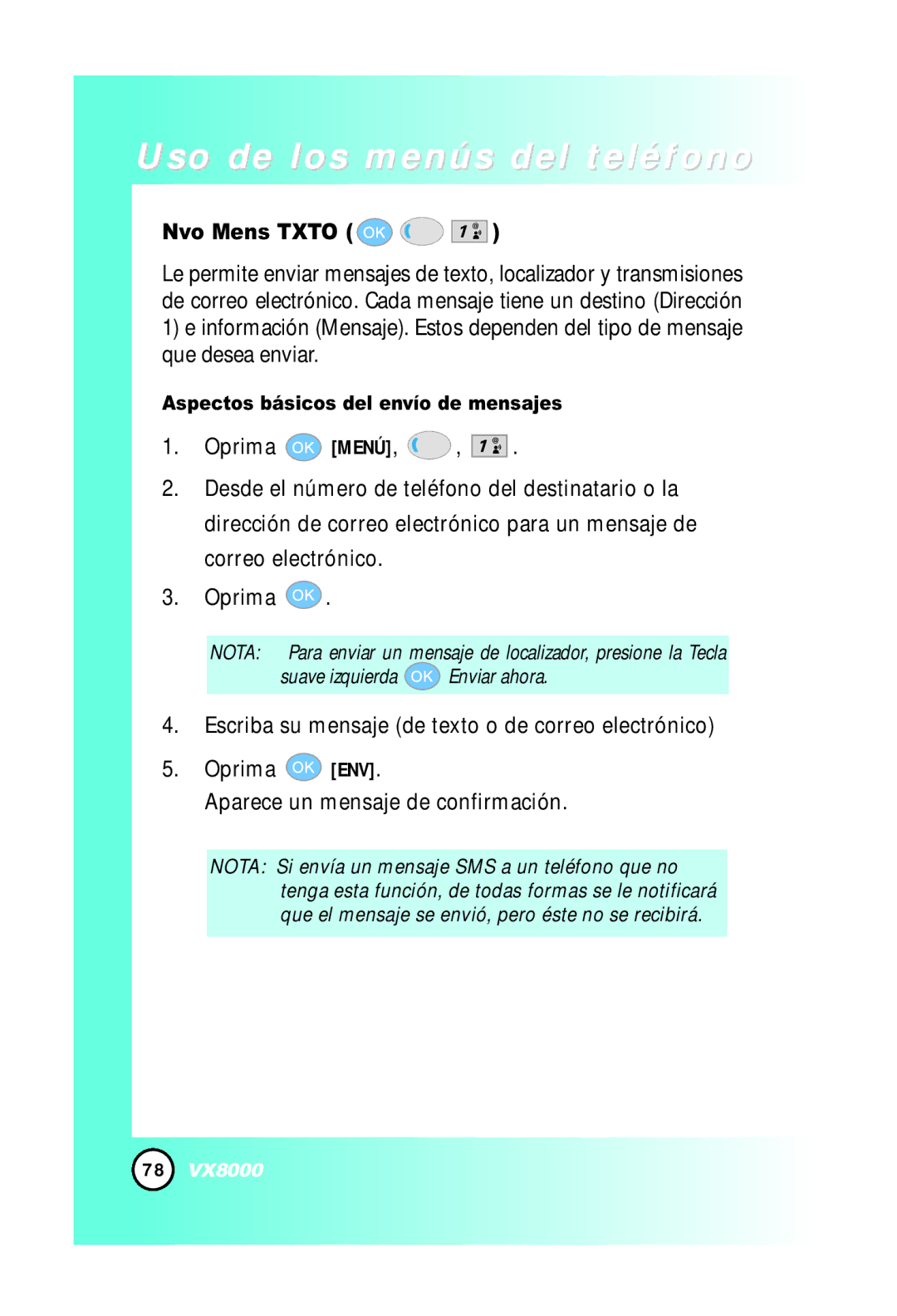 LG Electronics VX8000 manual Nvo Mens Txto, Aspectos básicos del envío de mensajes 
