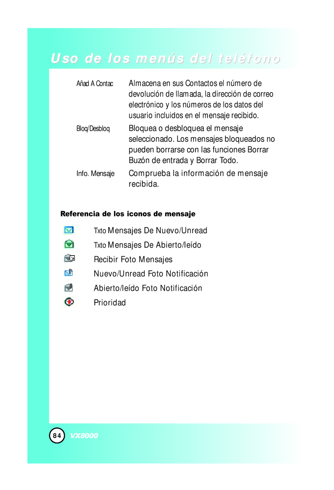 LG Electronics VX8000 Info. Mensaje Comprueba la información de mensaje recibida, Referencia de los iconos de mensaje 