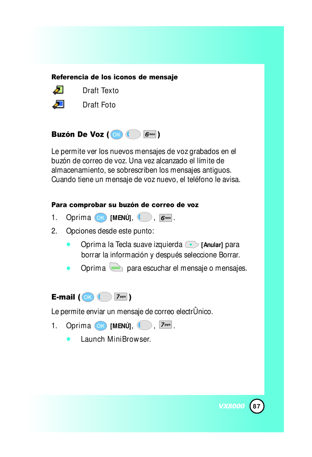 LG Electronics VX8000 manual Draft Texto Draft Foto, Buzón De Voz, Oprima Menú Opciones desde este punto, Mail 