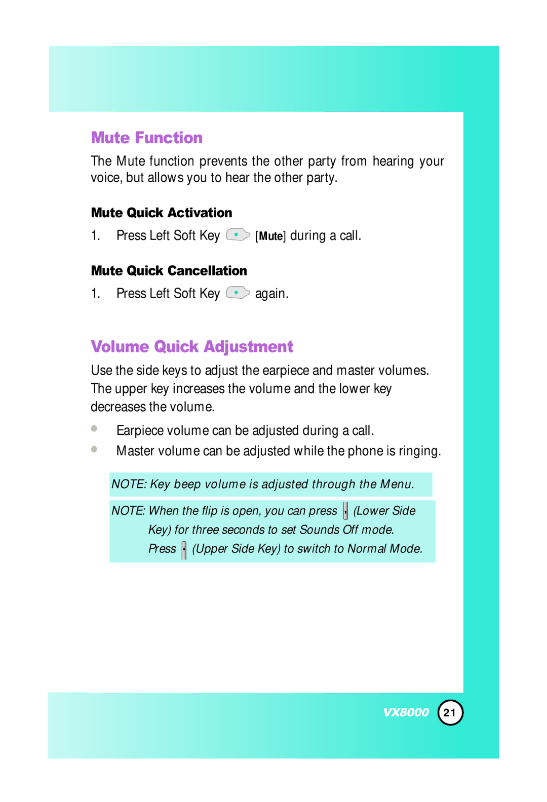 LG Electronics VX8000 manual Mute Function, Volume Quick Adjustment, Mute Quick Activation, Mute Quick Cancellation 