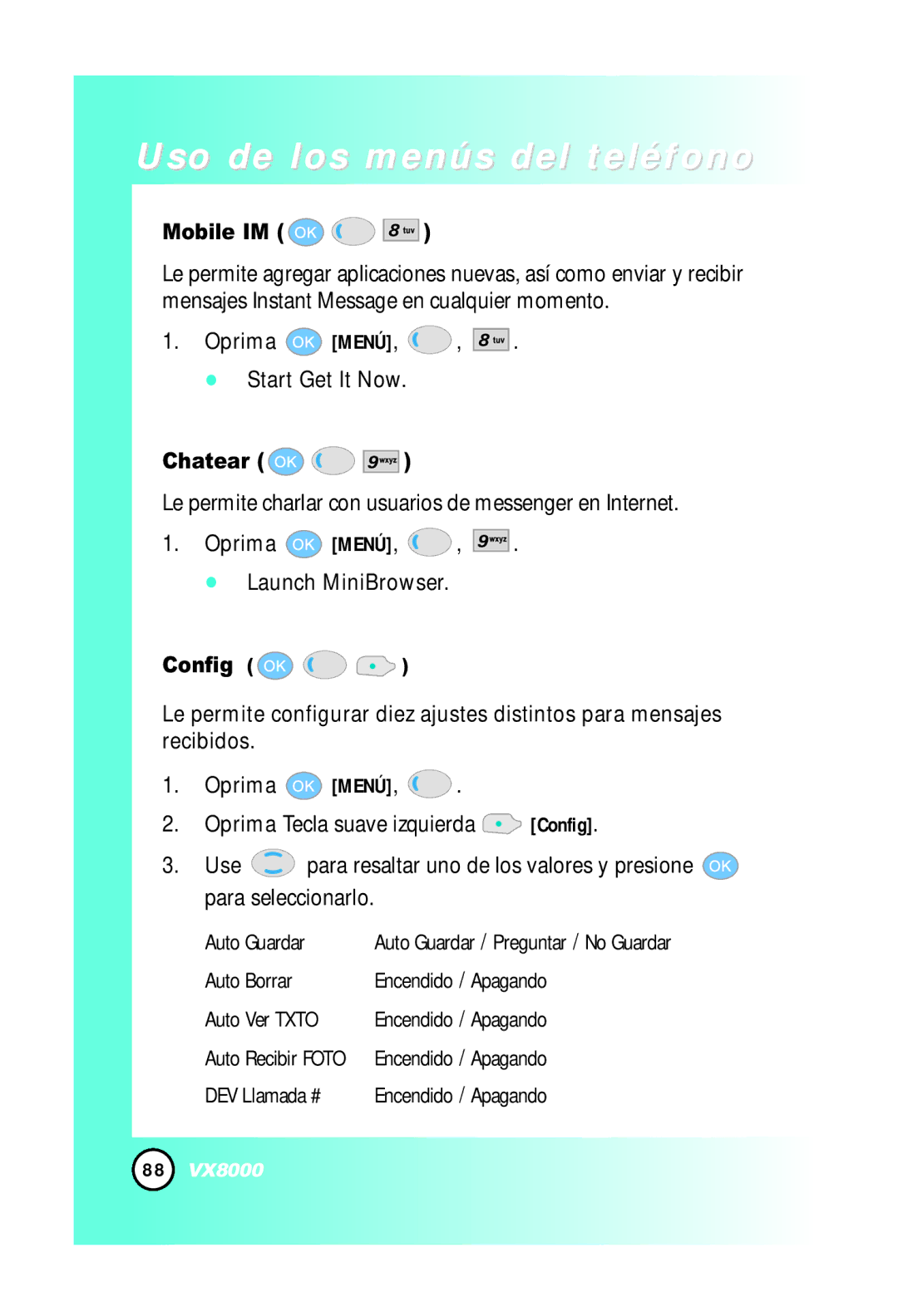 LG Electronics VX8000 manual Oprima MENÚ, , . Start Get It Now, Chatear, Config 