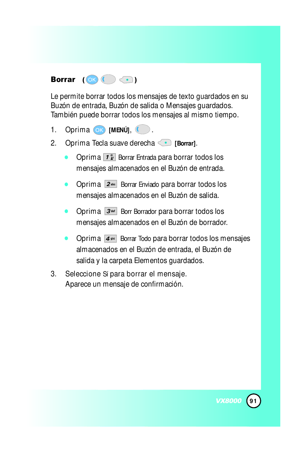 LG Electronics VX8000 manual Oprima Menú Oprima Tecla suave derecha Borrar 