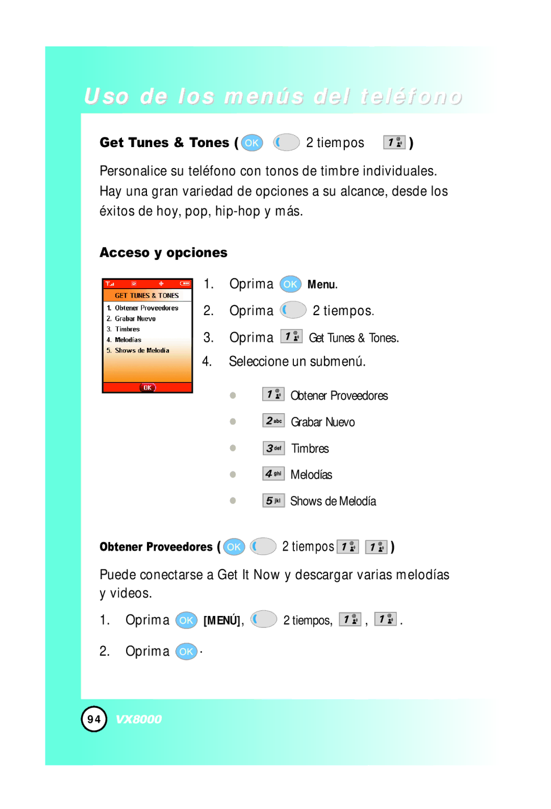 LG Electronics VX8000 manual Get Tunes & Tones Tiempos, Obtener Proveedores 2 tiempos 