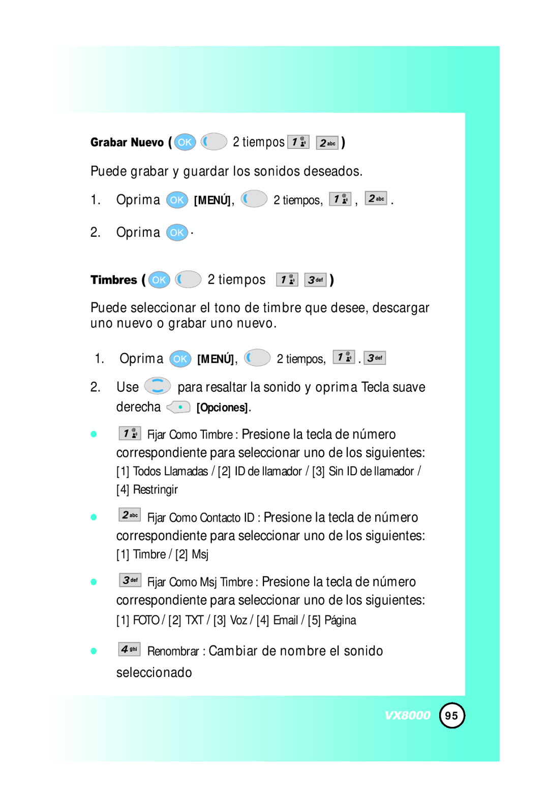 LG Electronics VX8000 manual Derecha Opciones, Grabar Nuevo 2 tiempos 