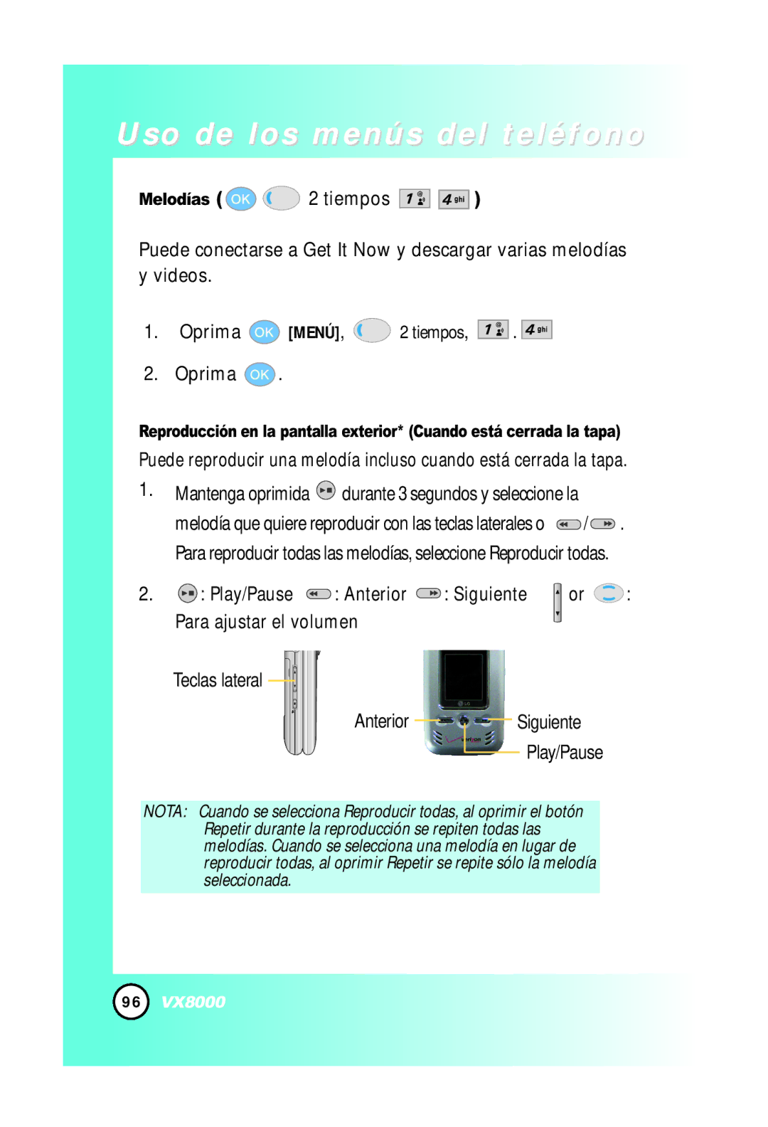 LG Electronics VX8000 manual Uso de los menús del teléfono 