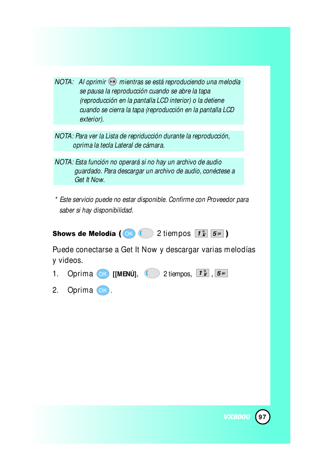 LG Electronics VX8000 manual Shows de Melodía 2 tiempos 