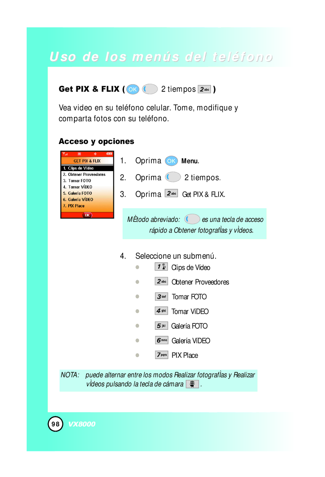 LG Electronics VX8000 manual Get PIX & Flix 2 tiempos, Oprima Menu Oprima 2 tiempos Oprima Get PIX & Flix 