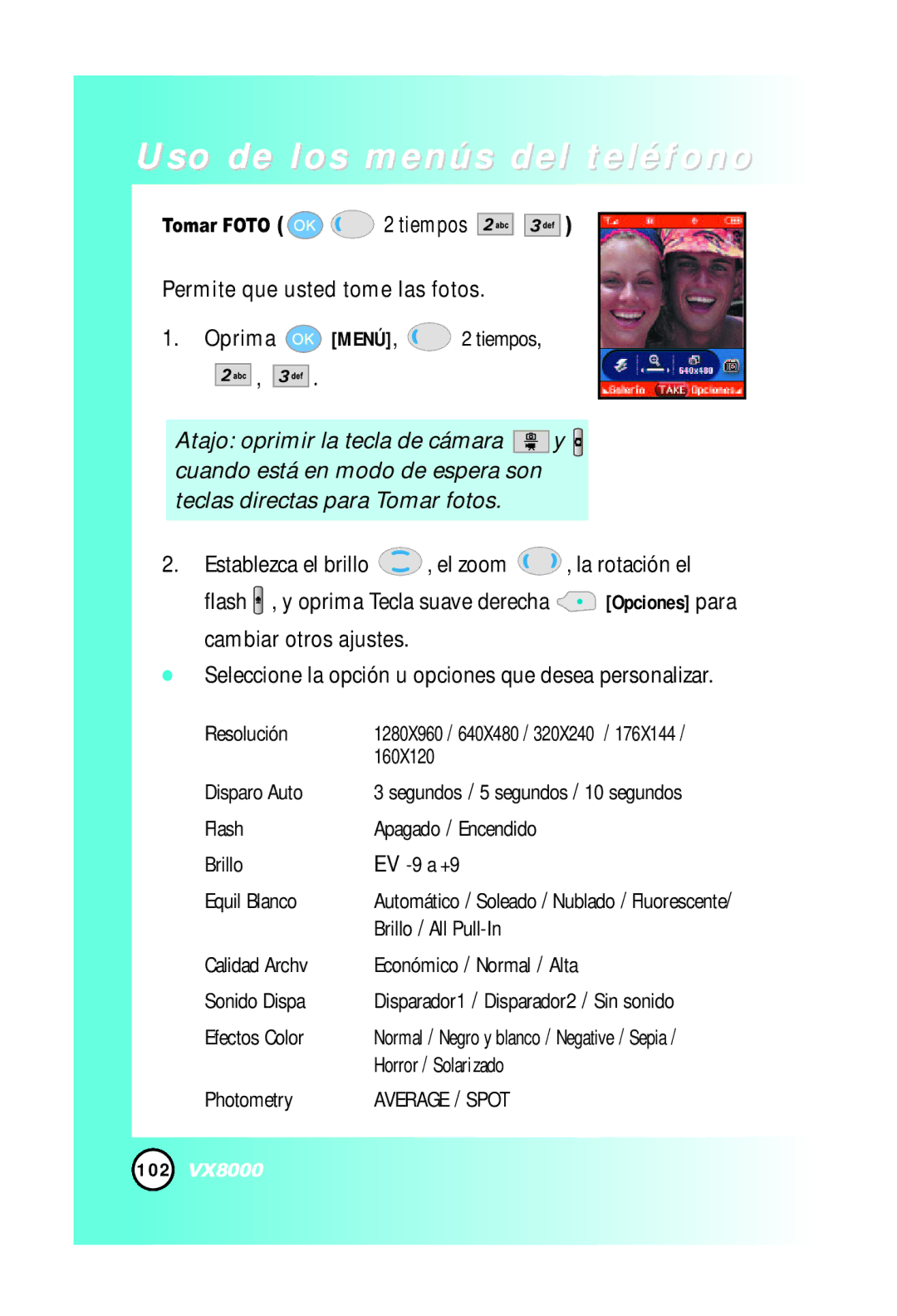 LG Electronics VX8000 manual Permite que usted tome las fotos Oprima MENÚ, 2 tiempos, Tomar Foto 2 tiempos 