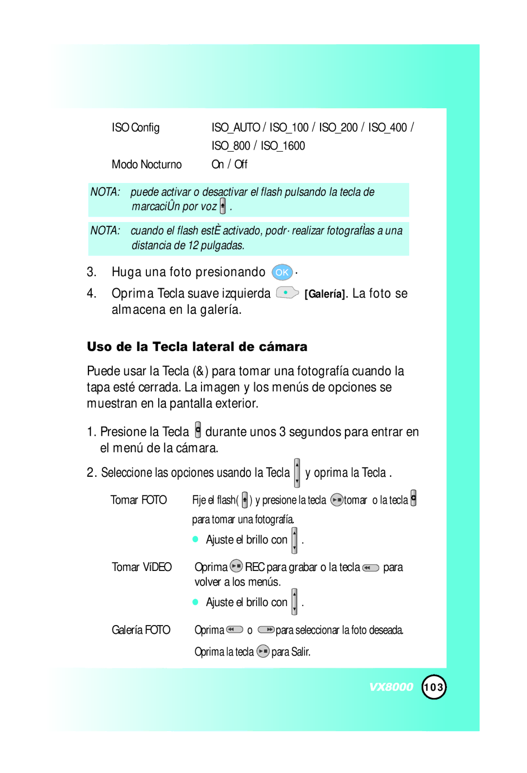 LG Electronics VX8000 manual Modo Nocturno On / Off, Uso de la Tecla lateral de cámara 