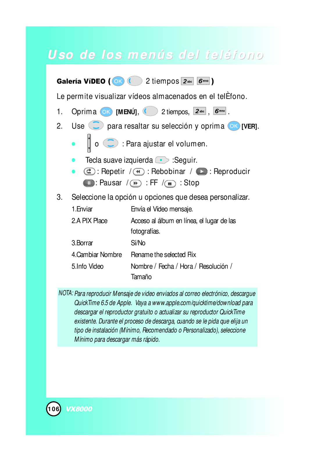 LG Electronics VX8000 manual Galería VíDEO 2 tiempos 