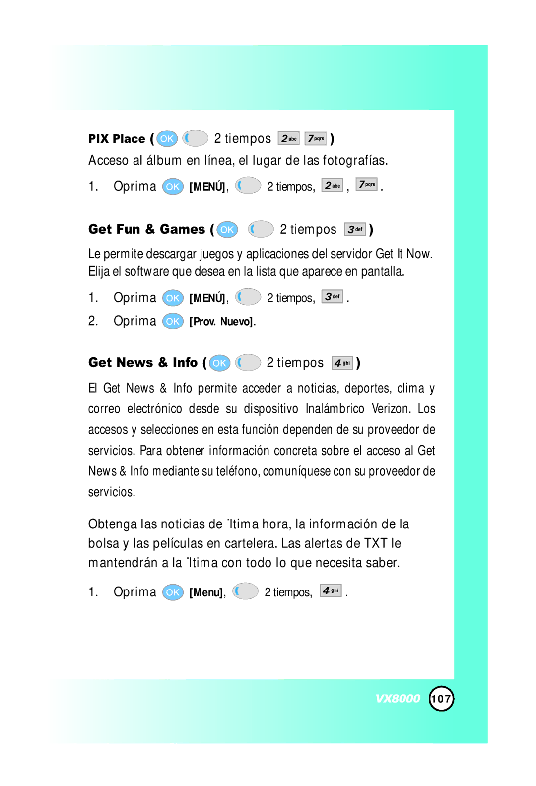 LG Electronics VX8000 manual Get Fun & Games Tiempos, PIX Place 