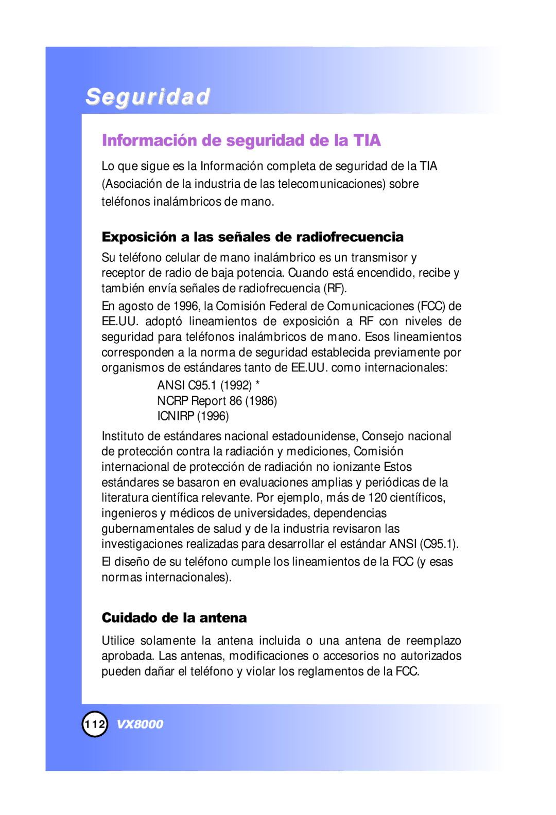 LG Electronics VX8000 manual Seguridad, Información de seguridad de la TIA, Exposición a las señales de radiofrecuencia 