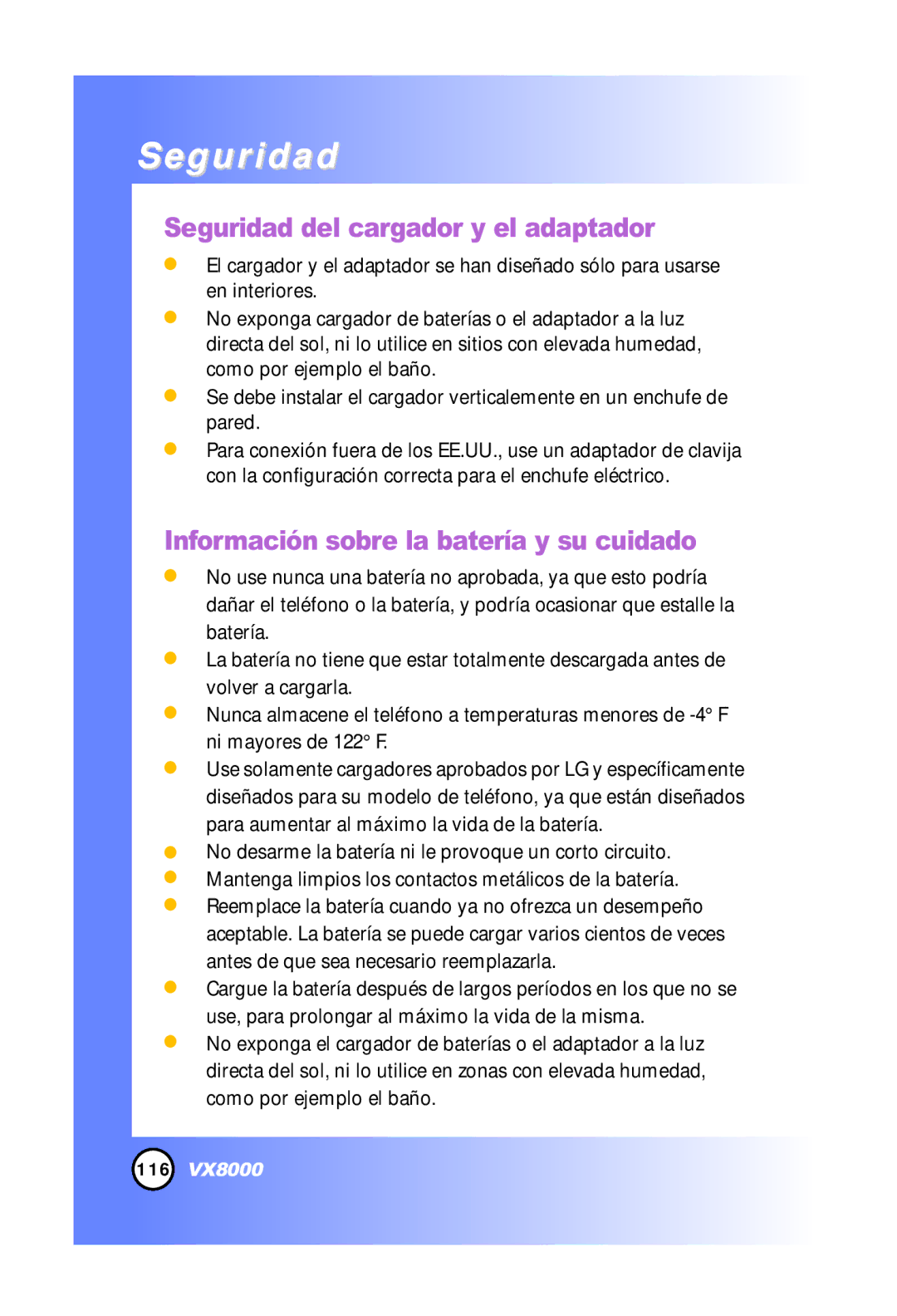 LG Electronics VX8000 manual Seguridad del cargador y el adaptador, Información sobre la batería y su cuidado 