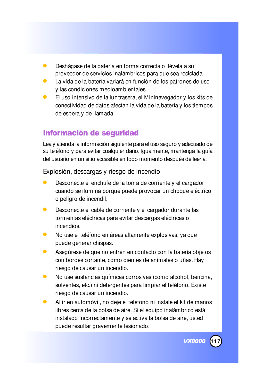 LG Electronics VX8000 manual Información de seguridad, Explosión, descargas y riesgo de incendio 