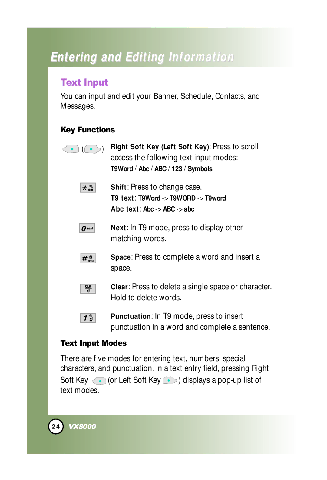 LG Electronics VX8000 manual Entering and Editing Information, Key Functions, Text Input Modes 