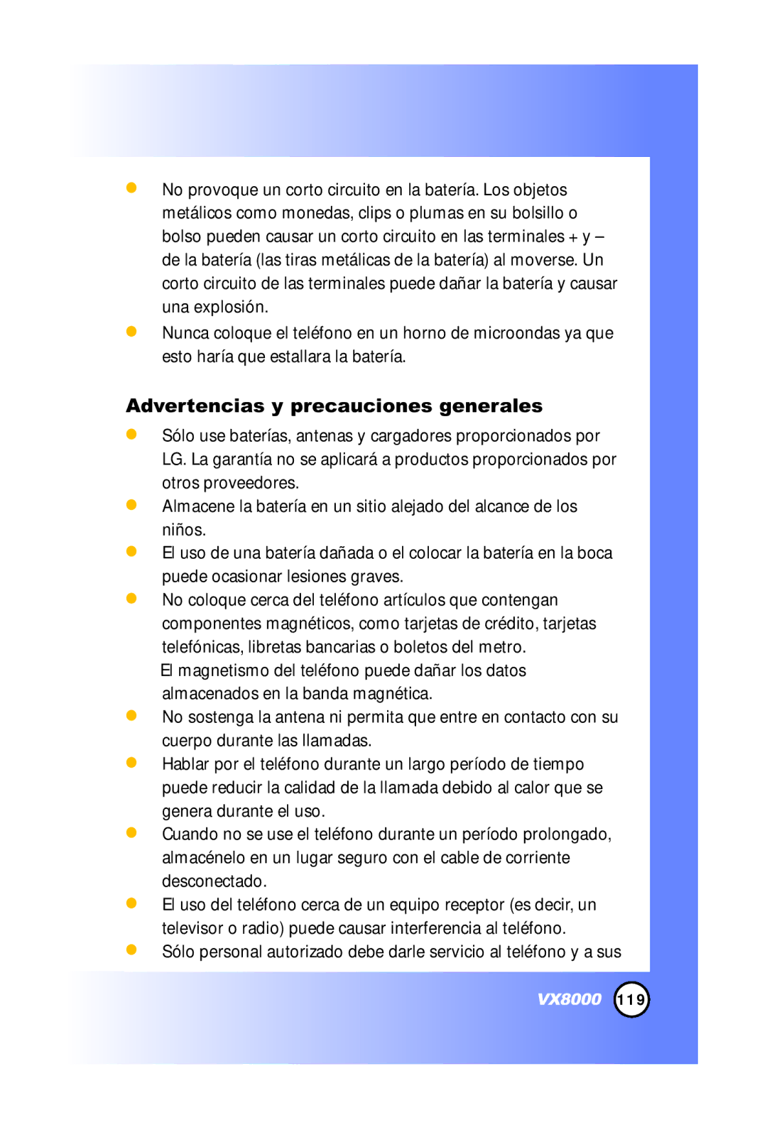 LG Electronics VX8000 manual Advertencias y precauciones generales 