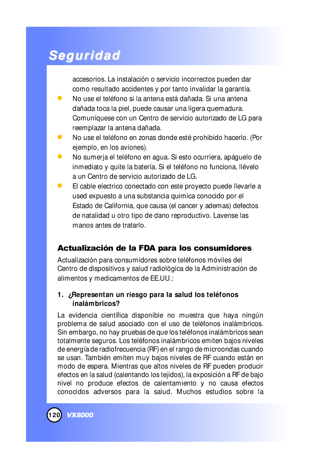 LG Electronics VX8000 manual Actualización de la FDA para los consumidores 