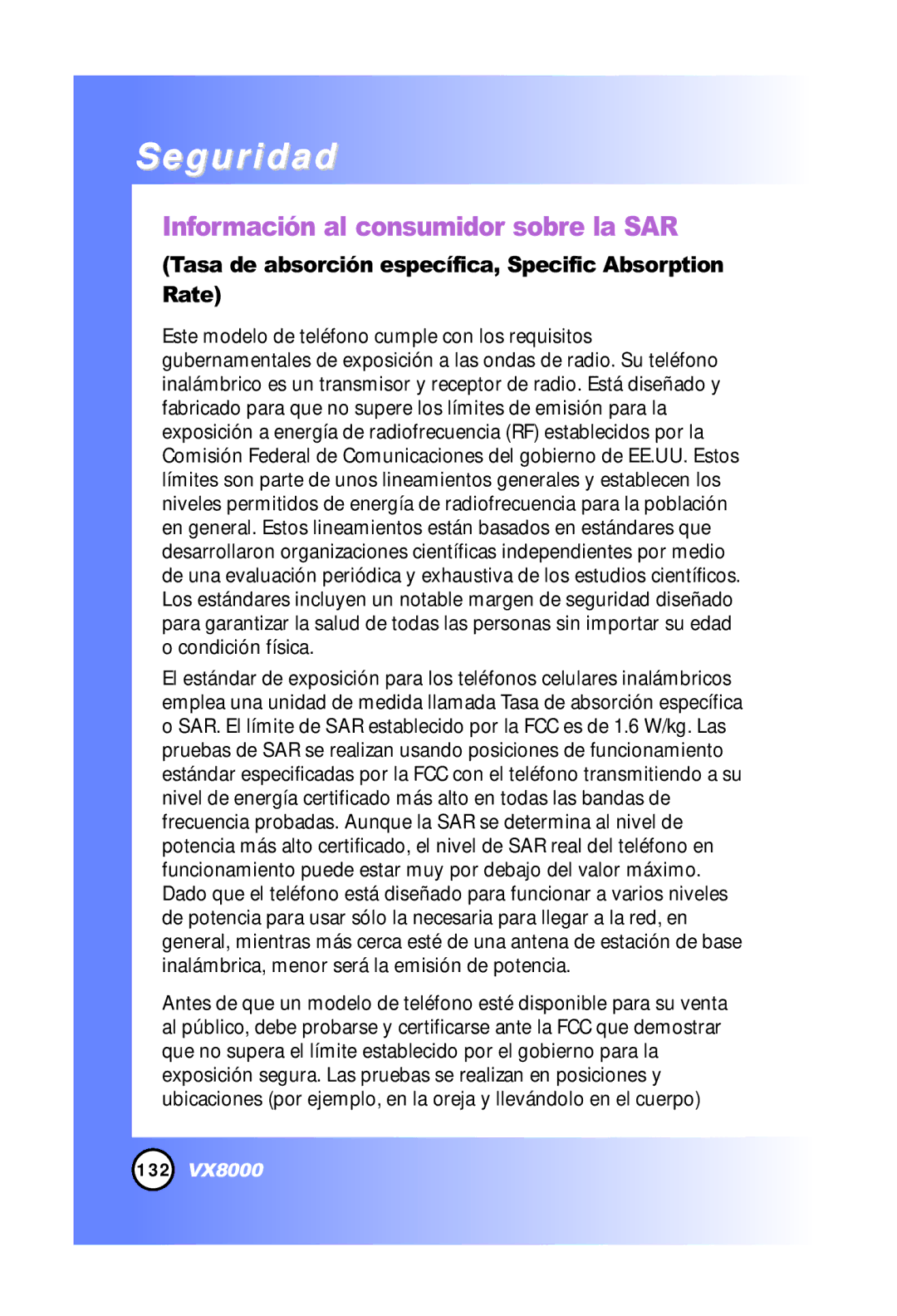 LG Electronics VX8000 manual Información al consumidor sobre la SAR, Tasa de absorción específica, Specific Absorption Rate 